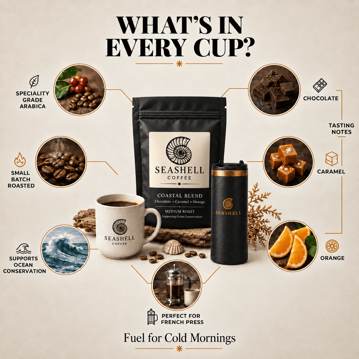 What's in every cup: specialty Arabica, small batch roasted, made for French press