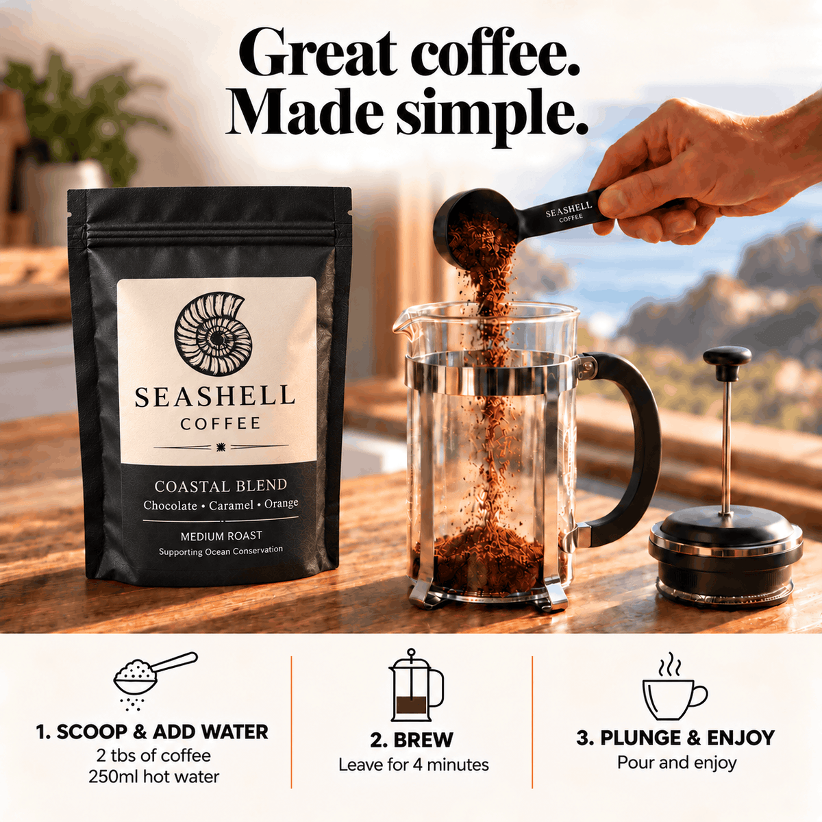 How to brew in a cafetiere: 2 tbsp of coffee to 250ml hot water, brew 4 minutes, plunge