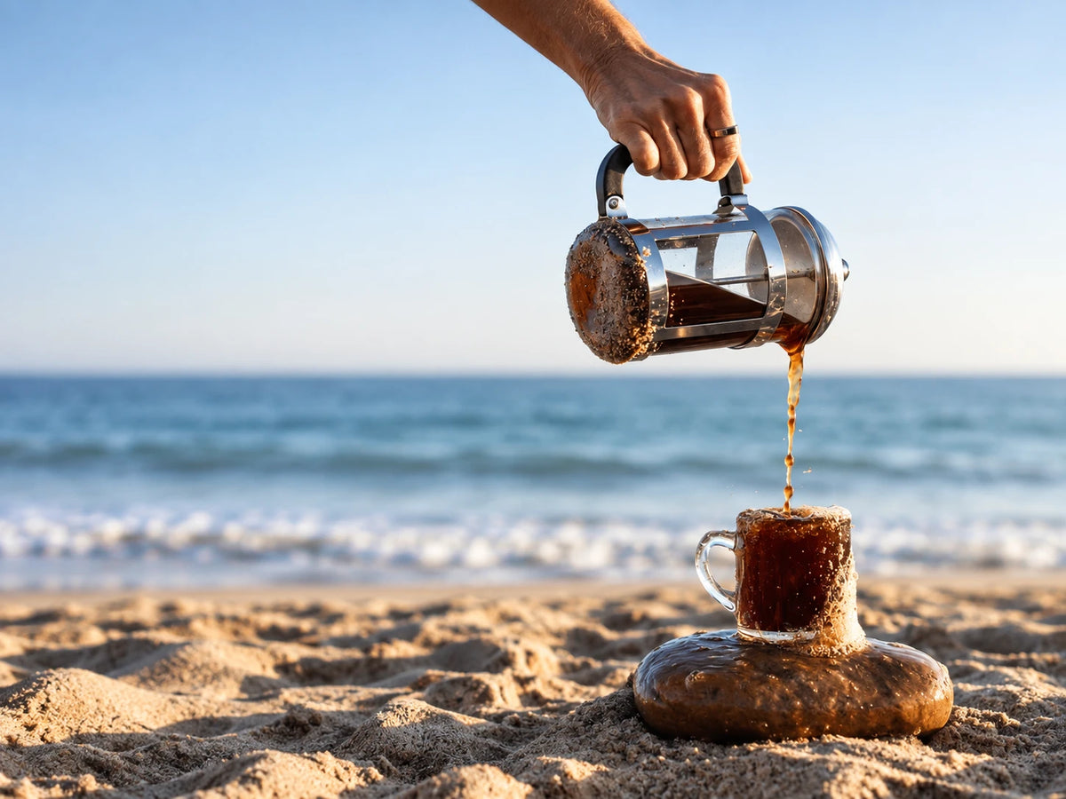 Coffee poured from a cafetière into a glass cup on the beach