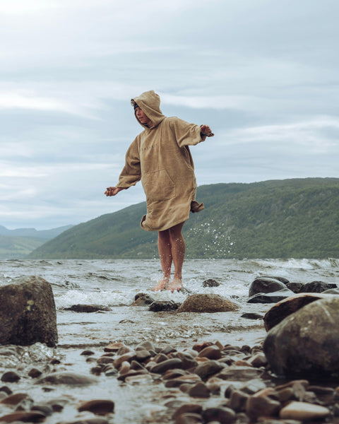 Organic Cotton Towelling Robe Sand – female model