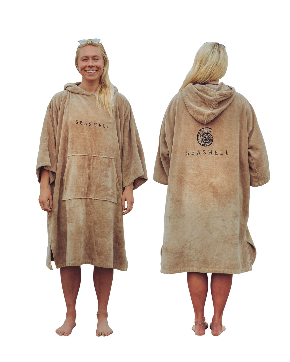 Organic Cotton Towelling Robe Sand – female model