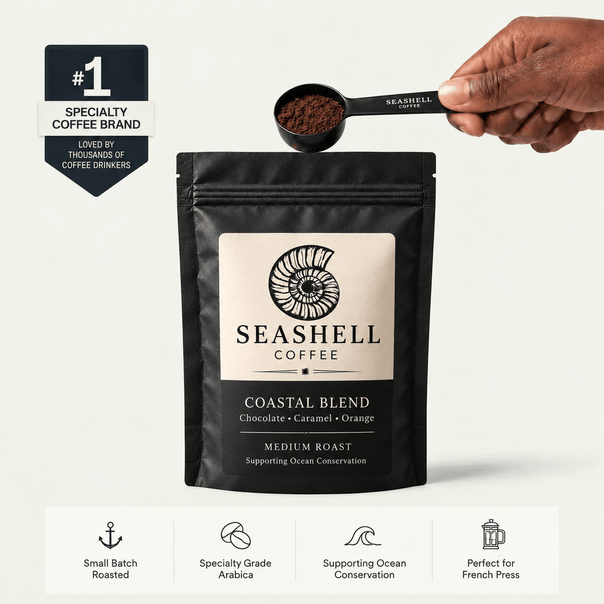 Seashell Coffee Coastal Blend 225g bag with a scoop of ground coffee