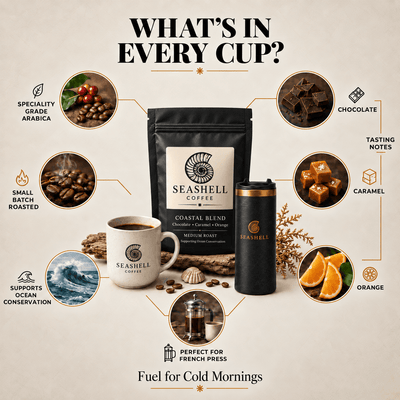 What's in every cup: specialty Arabica, small batch roasted, made for French press