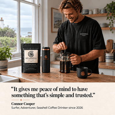 Brewing Seashell Coffee in a cafetiere at a coastal kitchen counter