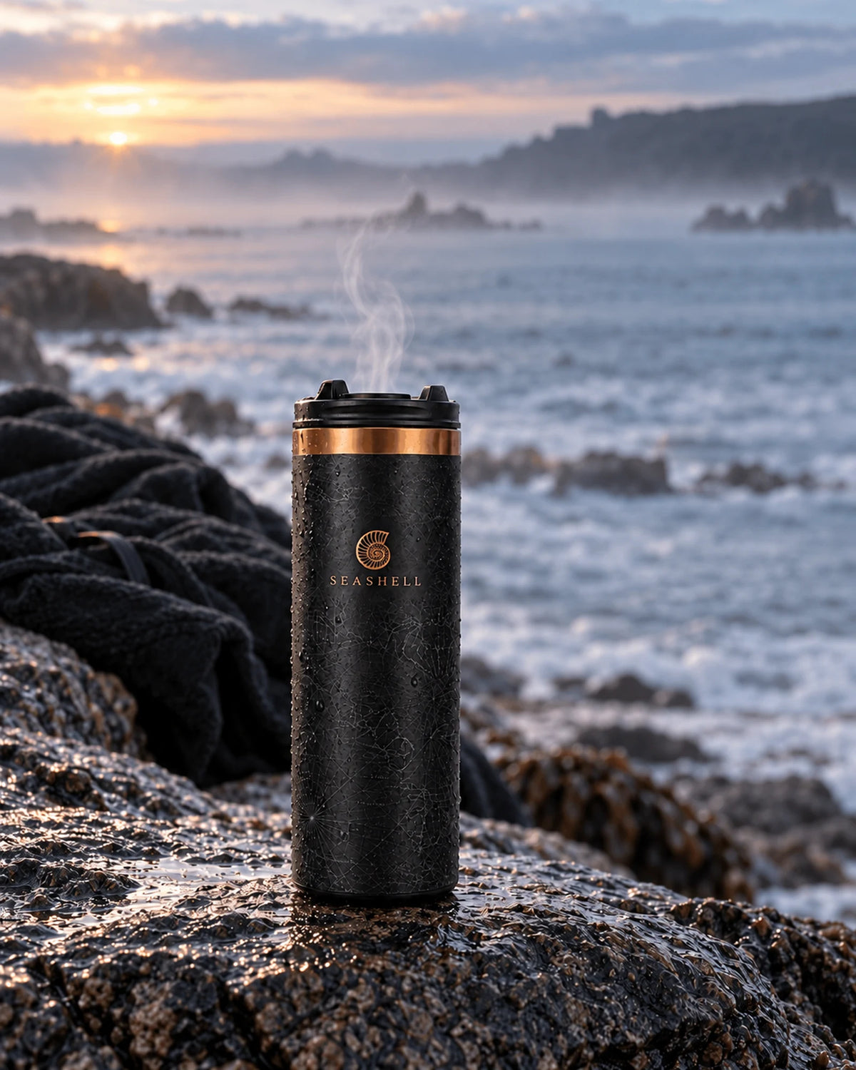 Black Flip Top Flask on wet sea rocks at sunrise after a cold-water swim