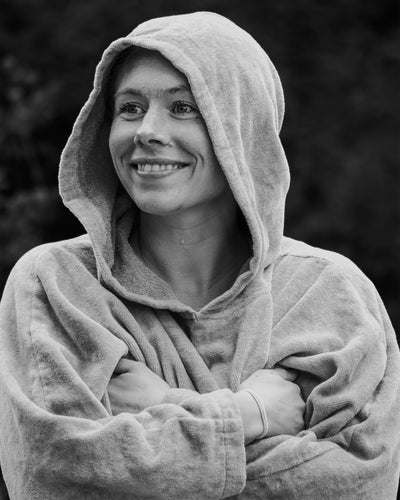Organic Cotton Towelling Robe Sand – female model