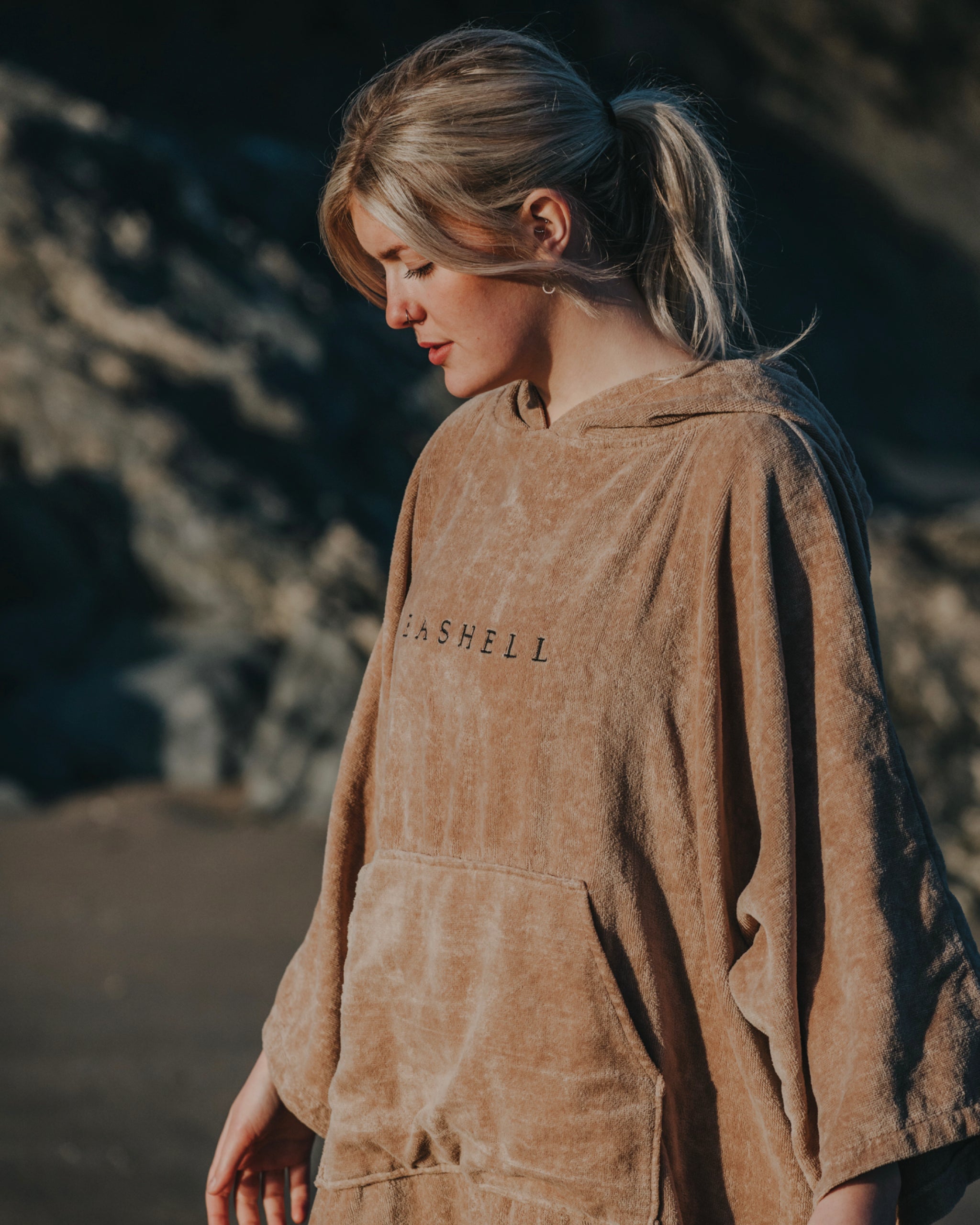Organic Cotton Towelling Robe Sand – female model