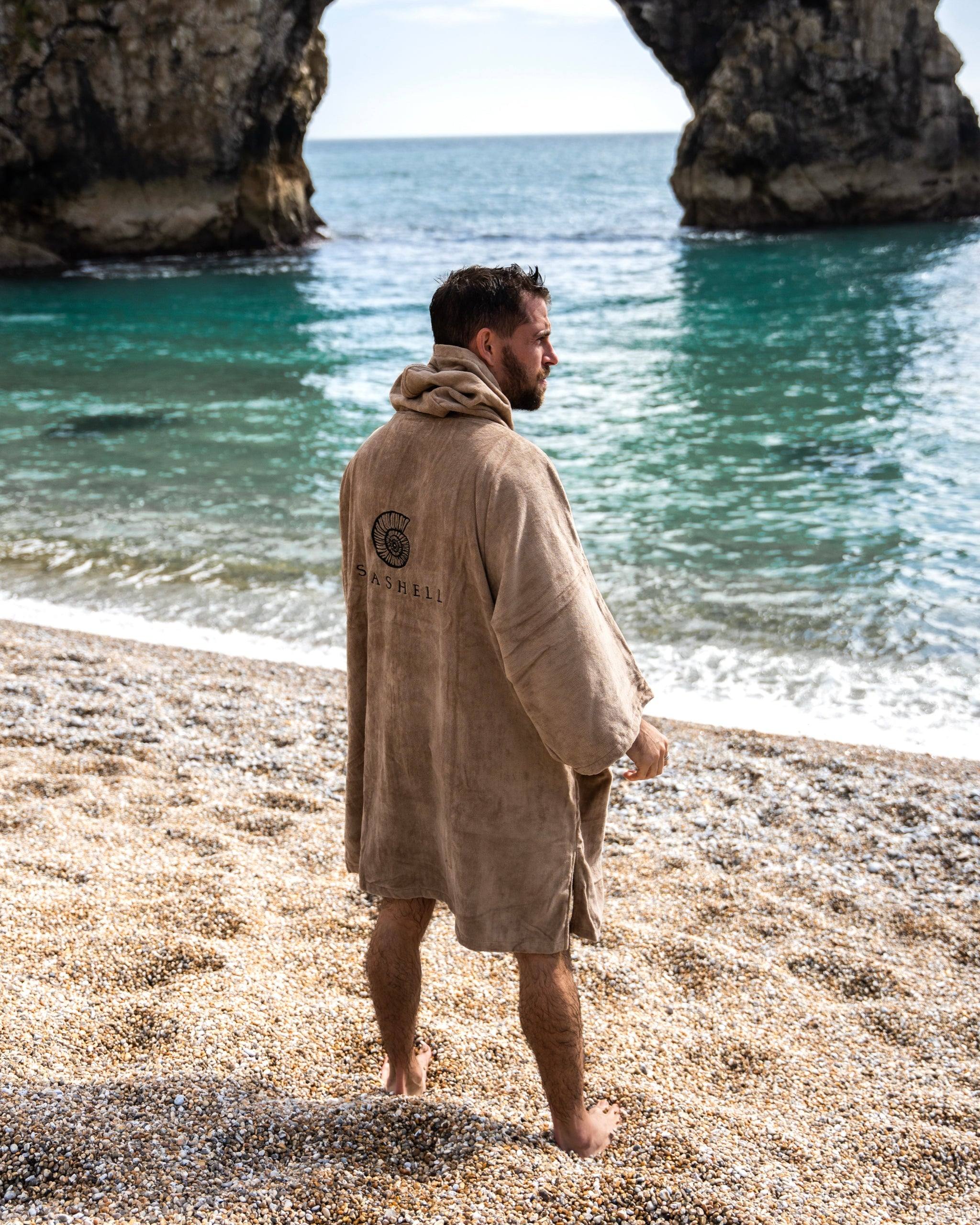 Organic Cotton Towelling Robe Sand – male model