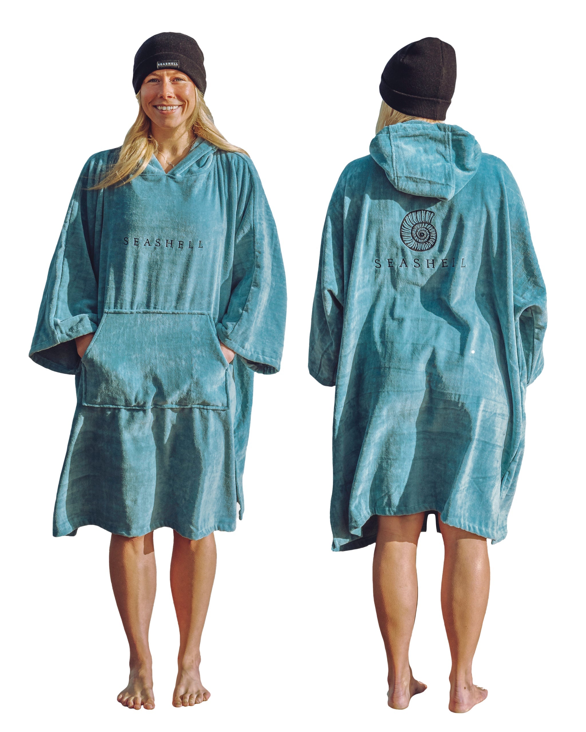 Organic Cotton Towelling Robe Teal – female model