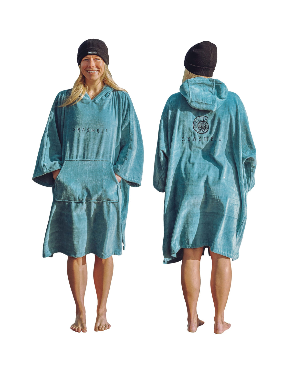 Organic Cotton Towelling Robe Teal – female model