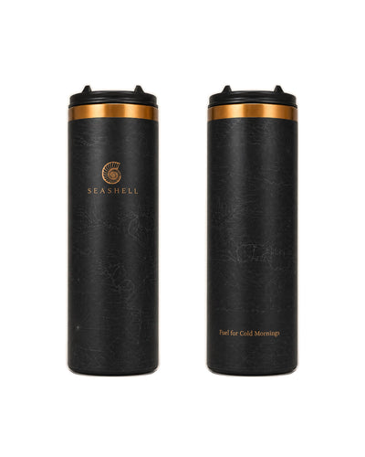 Flip Top Flask in Black – double-walled insulated stainless steel flask with copper band and gold Seashell logo