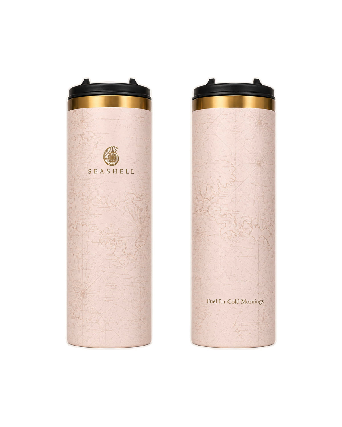 Flip Top Flask in Sand – double-walled insulated stainless steel flask with copper band and gold Seashell logo
