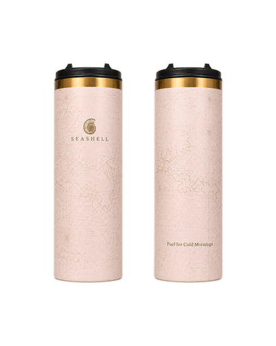 Flip Top Flask in Sand – double-walled insulated stainless steel flask with copper band and gold Seashell logo